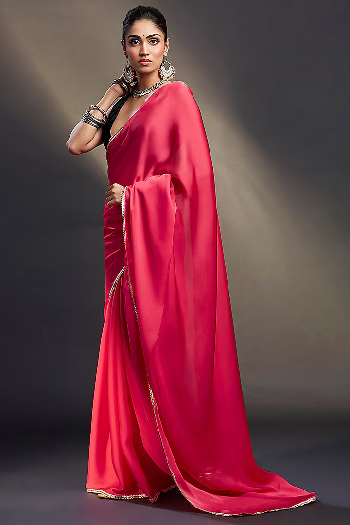 Coral Satin & Velvet Embellished Saree Set