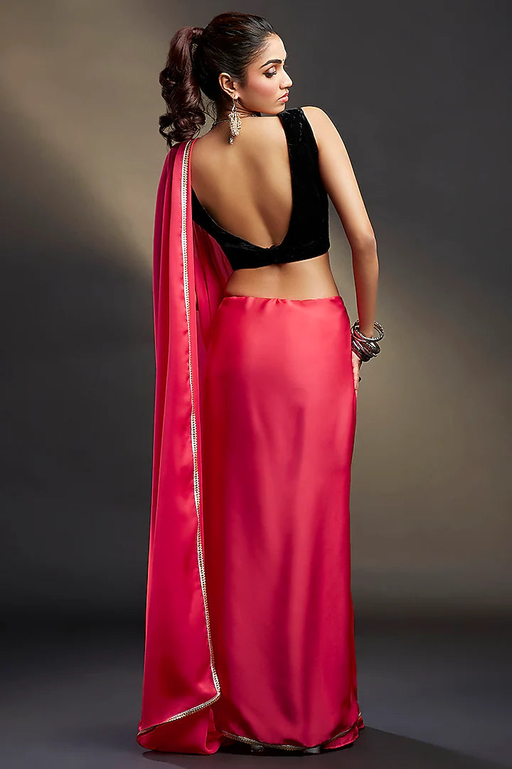 Coral Satin & Velvet Embellished Saree Set