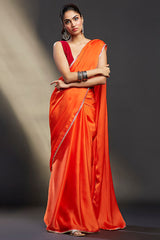 Orange Satin Embellished Saree Set