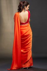 Orange Satin Embellished Saree Set