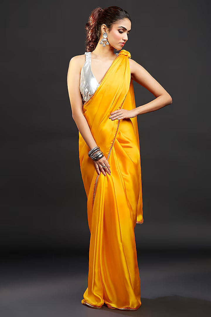 Yellow Satin Embellished Saree Set