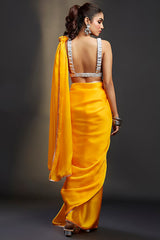 Yellow Satin Embellished Saree Set