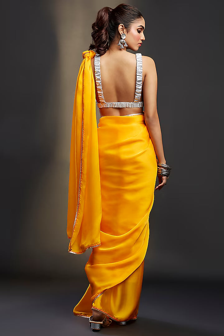 Yellow Satin Embellished Saree Set