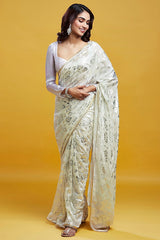 White & Silver Georgette & Recycled Polyester Barfi Saree Set