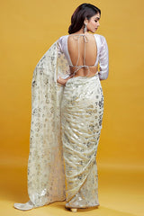 White & Silver Georgette & Recycled Polyester Barfi Saree Set