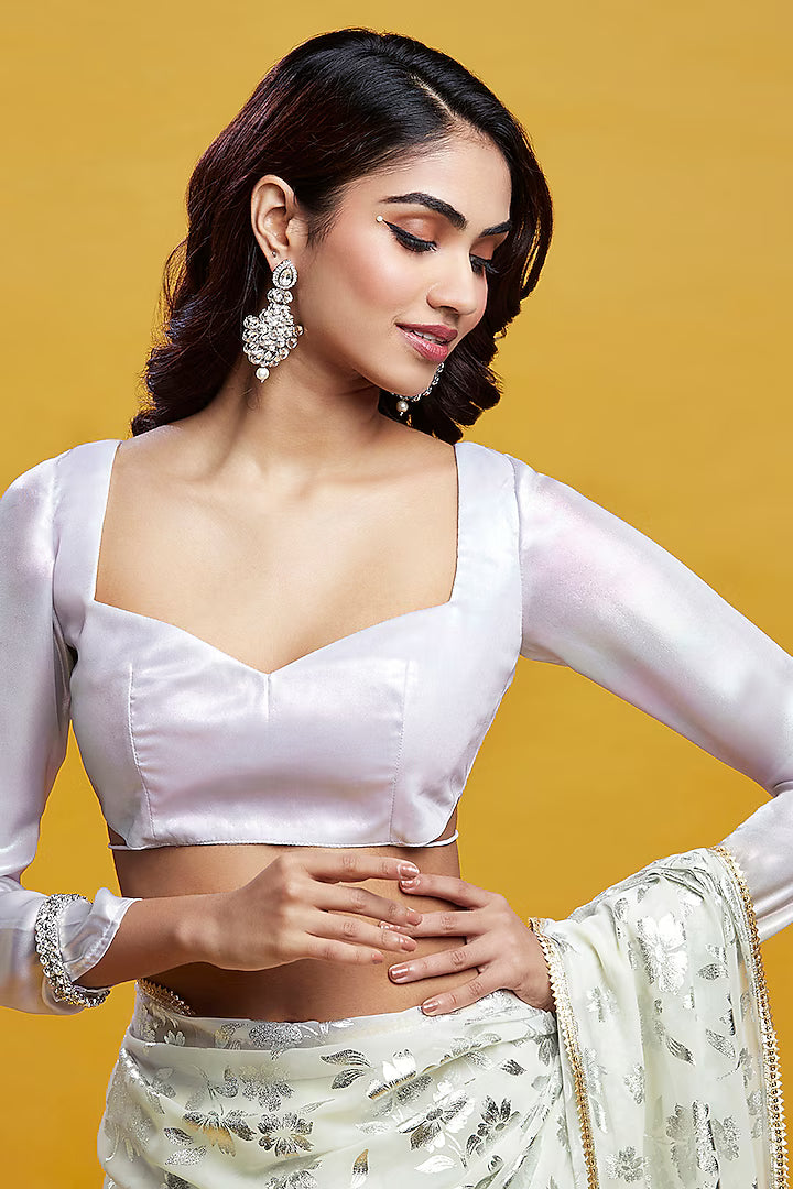 White & Silver Georgette & Recycled Polyester Barfi Saree Set