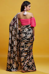 Black Georgette Recycled Polyester Barfi Saree Set