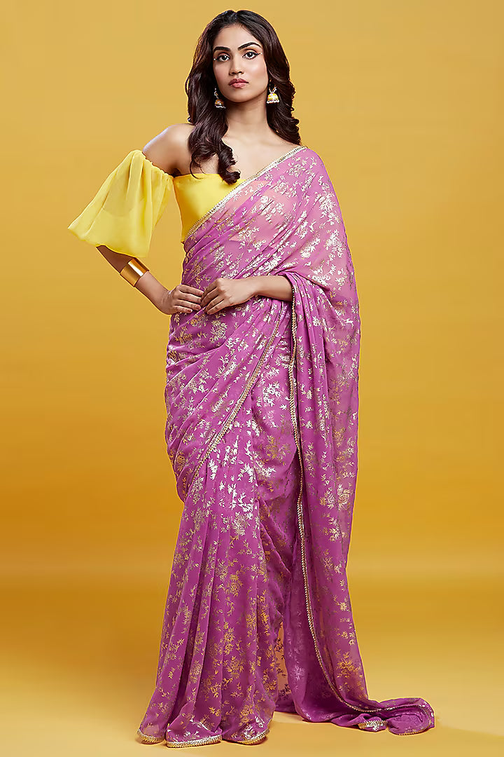 Purple Georgette & Recycled Polyester Barfi Saree Set