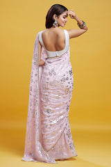 Baby Pink Georgette & Recycled Polyester Barfi Saree Set