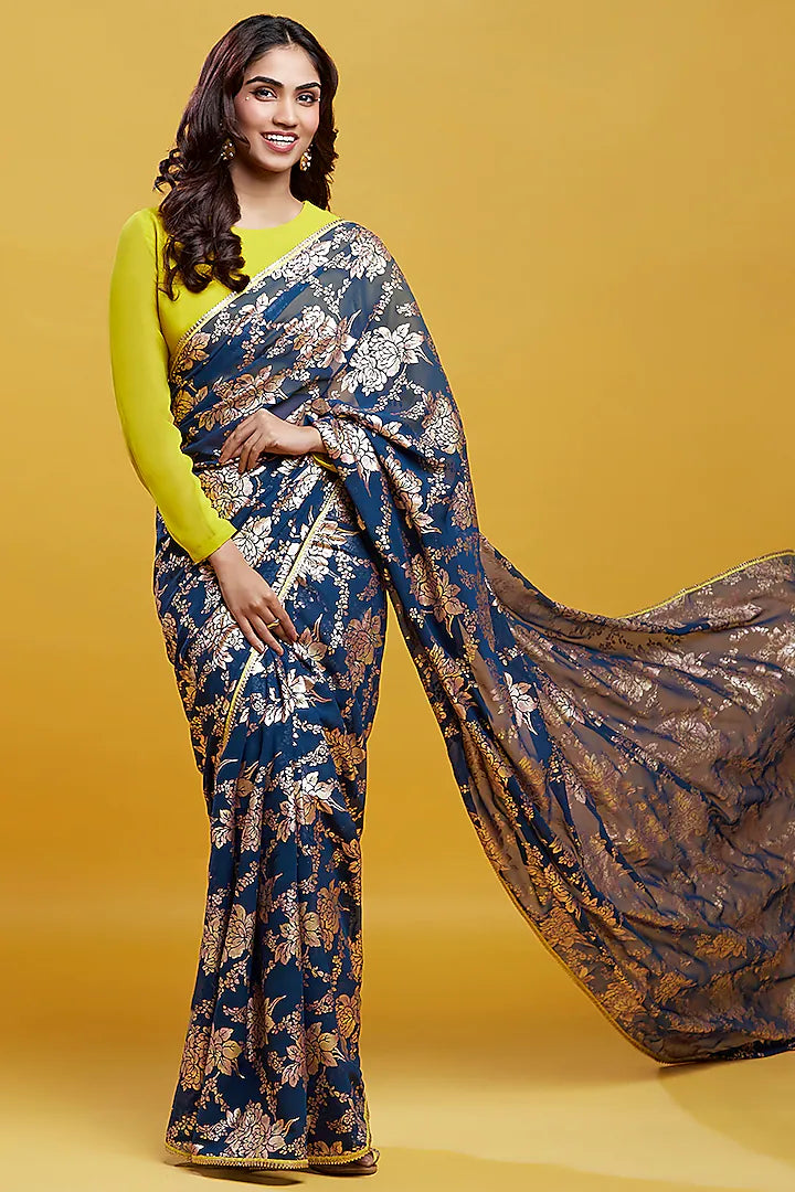 Navy Blue Georgette & Recycled Polyester Barfi Saree Set