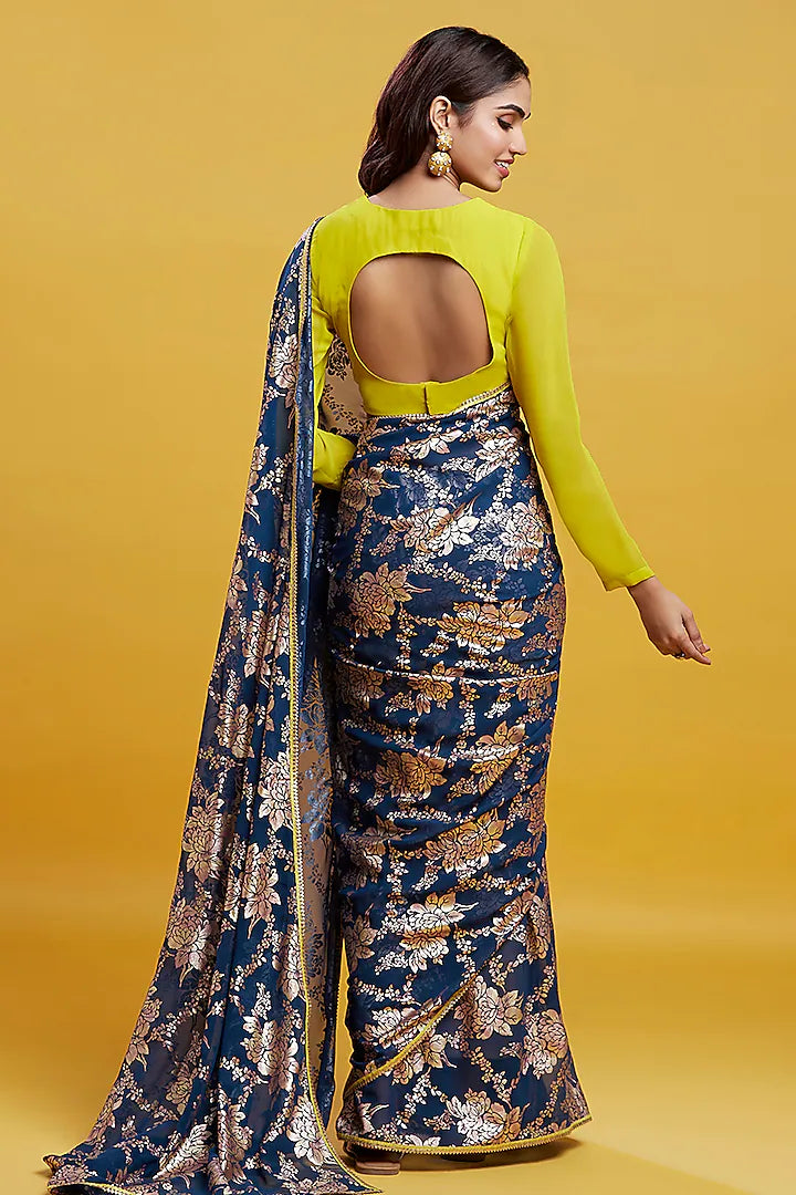 Navy Blue Georgette & Recycled Polyester Barfi Saree Set