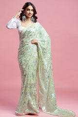 Pista Georgette & Recycled Polyester Barfi Saree Set