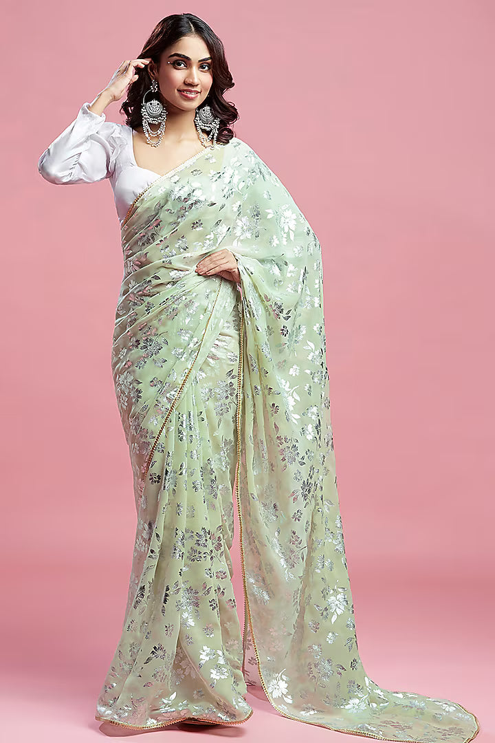 Pista Georgette & Recycled Polyester Barfi Saree Set