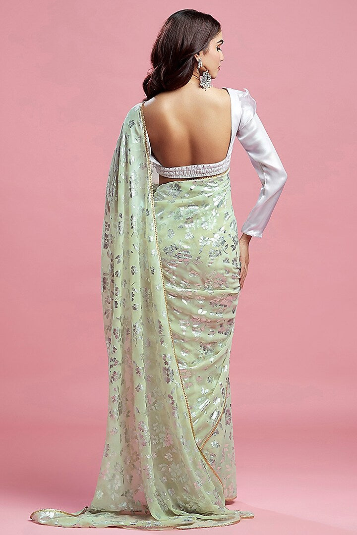 Pista Georgette & Recycled Polyester Barfi Saree Set