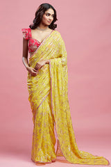 Yellow Georgette & Recycled Polyester Barfi Saree Set