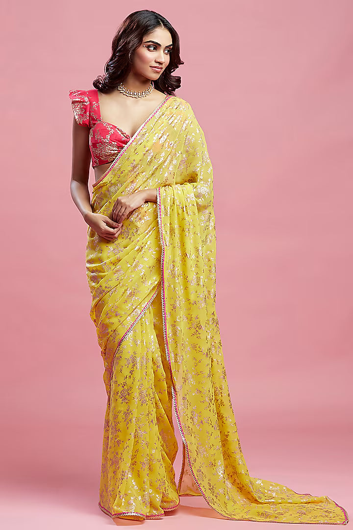 Yellow Georgette & Recycled Polyester Barfi Saree Set