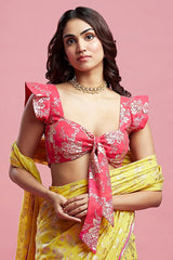 Yellow Georgette & Recycled Polyester Barfi Saree Set