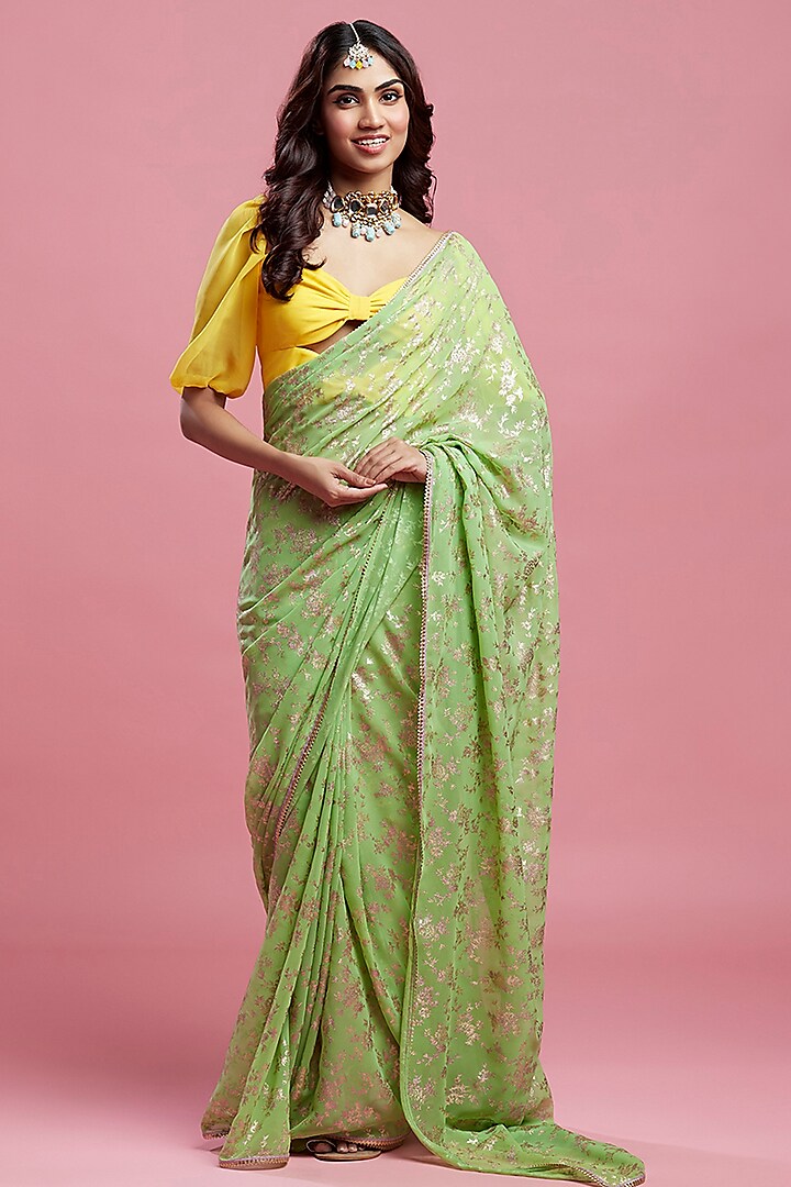 Lime Georgette & Recycled Polyester Barfi Saree Set