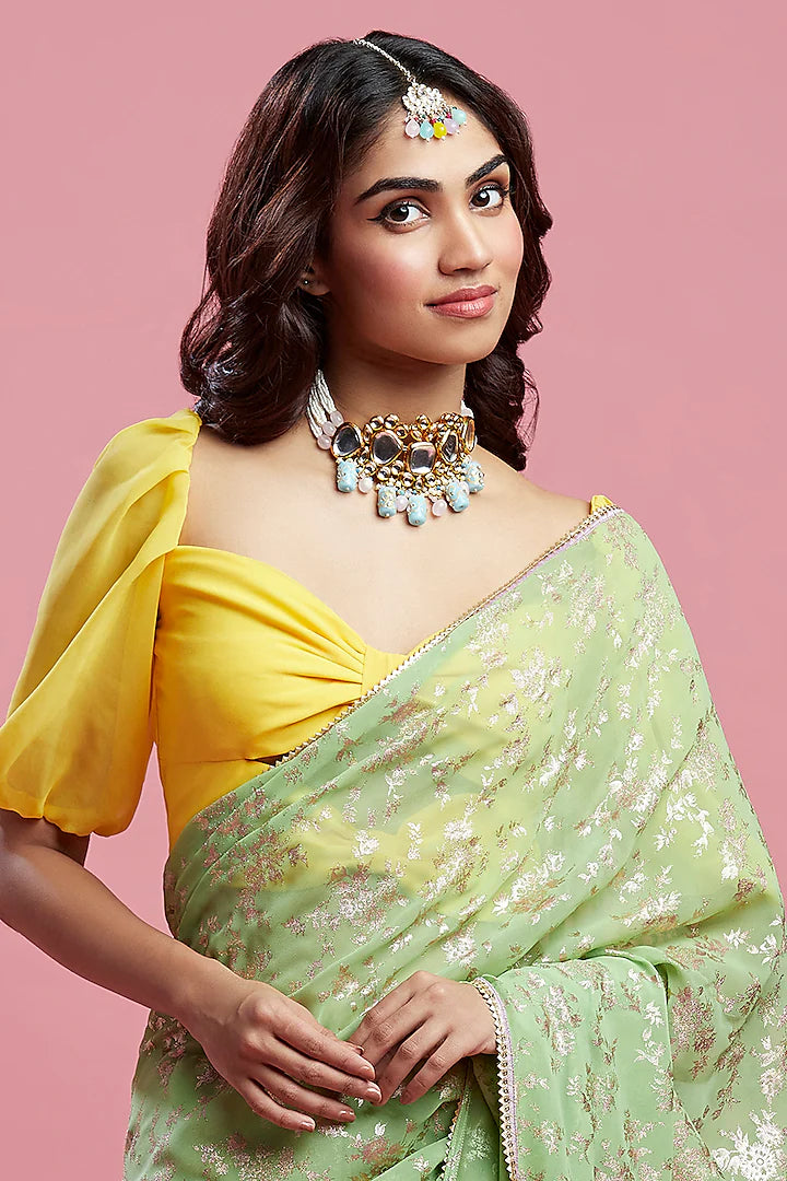 Lime Georgette & Recycled Polyester Barfi Saree Set