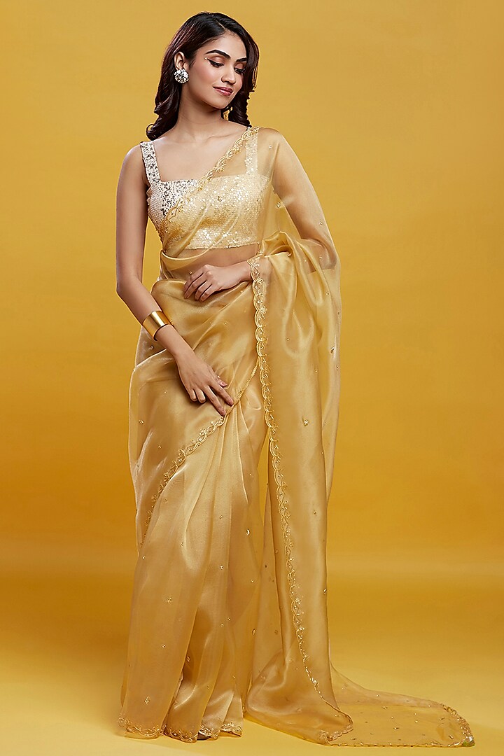 Gold Organza Crystal & Boota Embroidered Saree Set