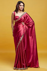 Red Satin Embroidered Saree Set