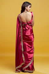 Red Satin Embroidered Saree Set