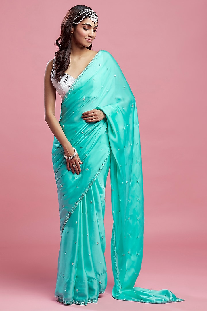 Turquoise Satin Crystal & Boota Embroidered Saree Set
