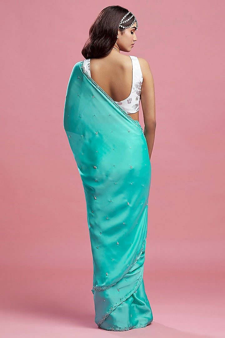 Turquoise Satin Crystal & Boota Embroidered Saree Set