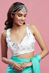 Turquoise Satin Crystal & Boota Embroidered Saree Set