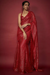 Red Recycled Polyester Sequin Embroidered Pre-Draped Saree Set