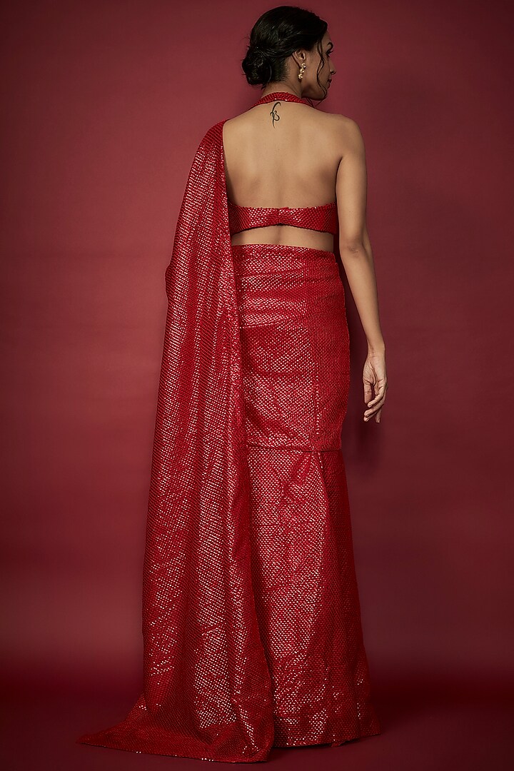 Red Recycled Polyester Sequin Embroidered Pre-Draped Saree Set