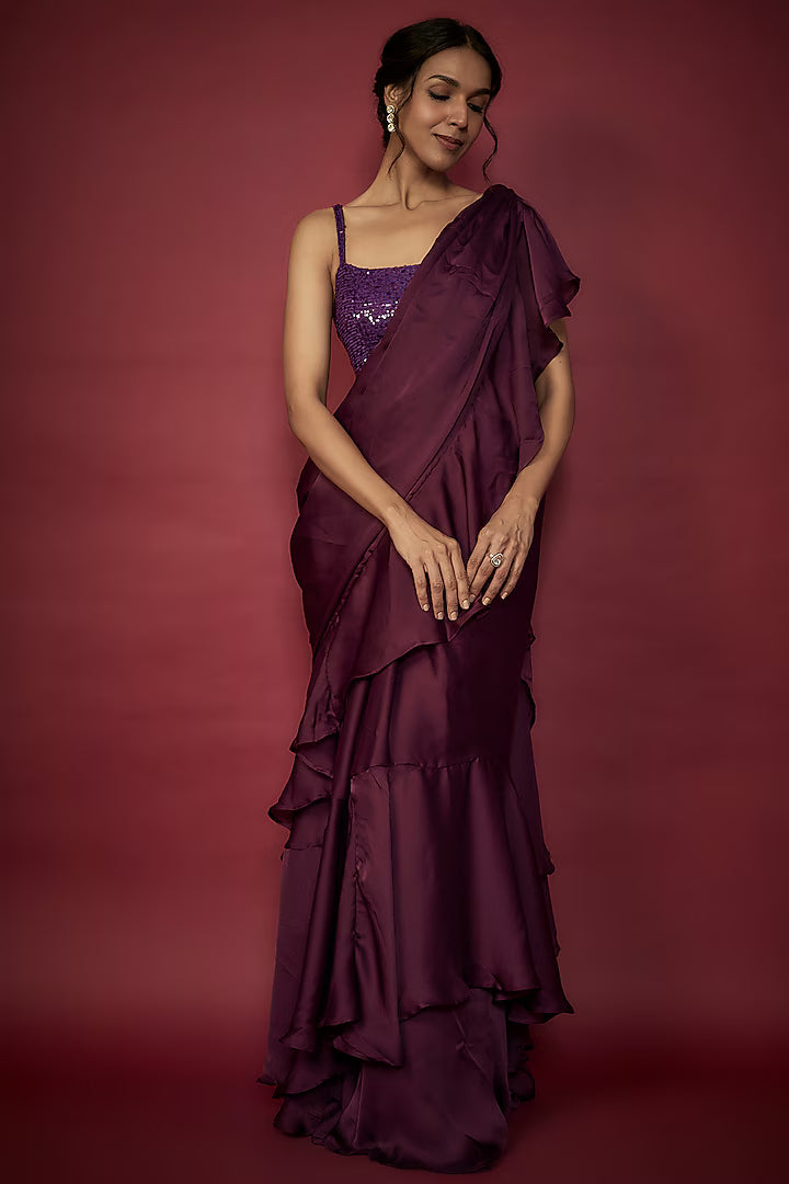 Purple Satin Georgette Ruffled Pre-Draped Saree Set