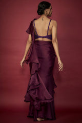Purple Satin Georgette Ruffled Pre-Draped Saree Set