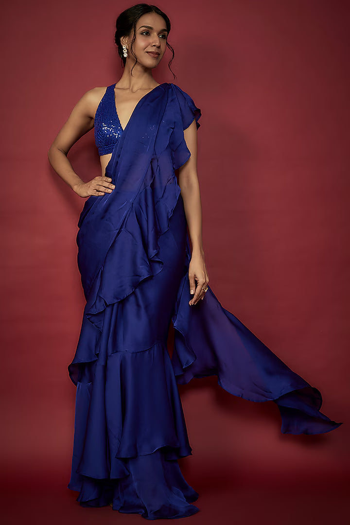 Navy Blue Satin Georgette Ruffled Pre-Draped Saree Set