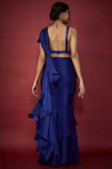 Navy Blue Satin Georgette Ruffled Pre-Draped Saree Set