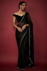 Black Chiffon Crystal Embroidered Saree Set