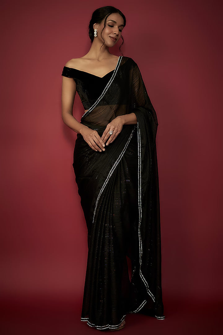 Black Chiffon Crystal Embroidered Saree Set
