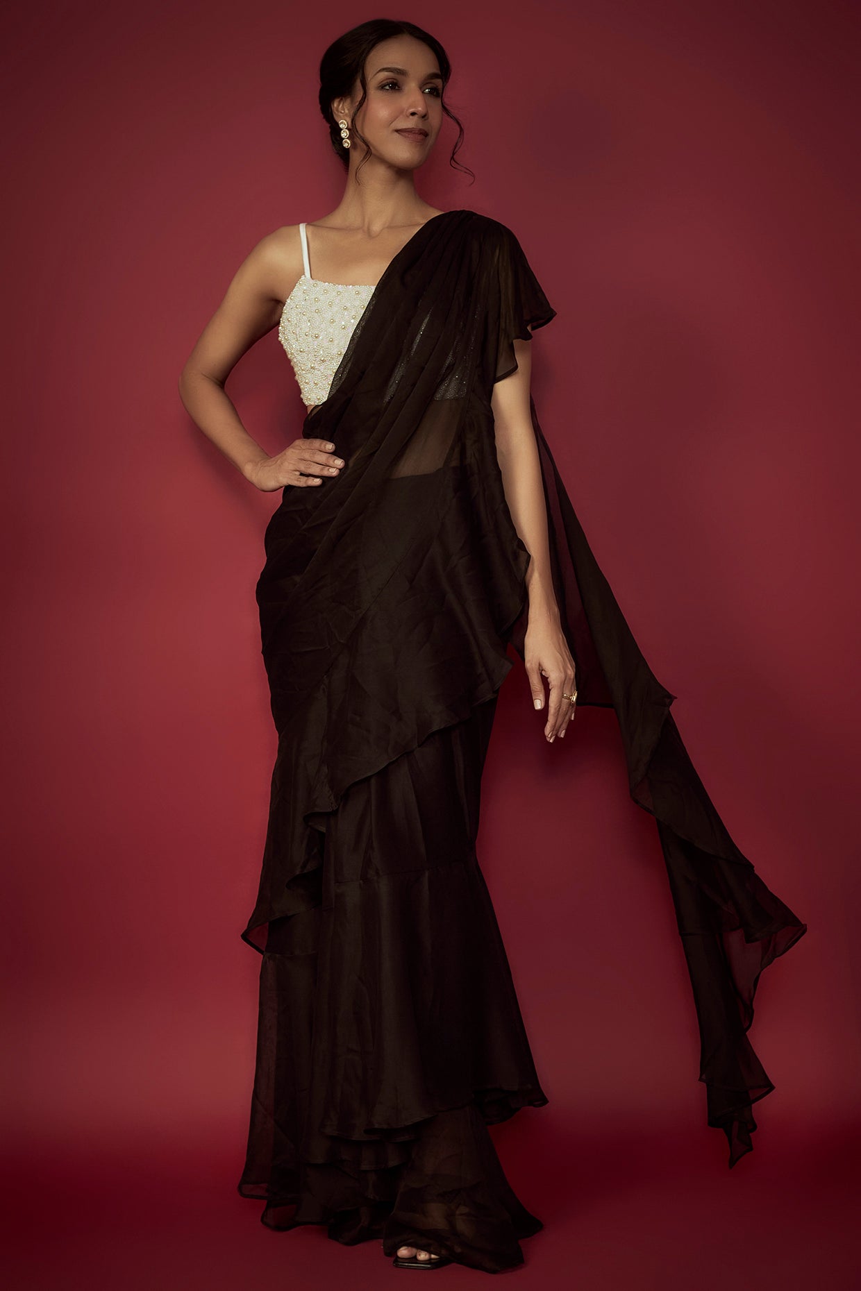 Black Satin Georgette Pre-Draped Ruffled Saree Set
