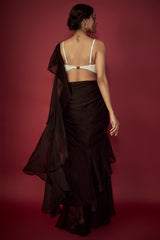 Black Satin Georgette Pre-Draped Ruffled Saree Set