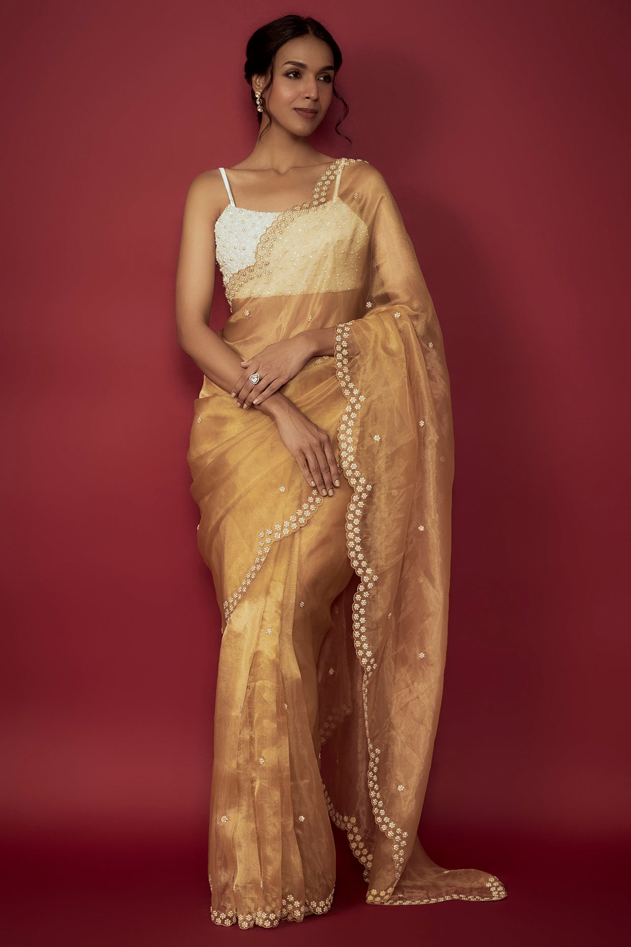 Gold Silk Organza Pearl Embroidered Scalloped Saree Set