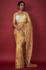 Gold Silk Organza Pearl Embroidered Scalloped Saree Set