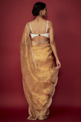 Gold Silk Organza Pearl Embroidered Scalloped Saree Set