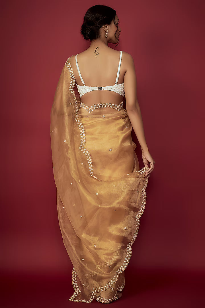 Gold Silk Organza Pearl Embroidered Scalloped Saree Set