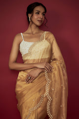 Gold Silk Organza Pearl Embroidered Scalloped Saree Set