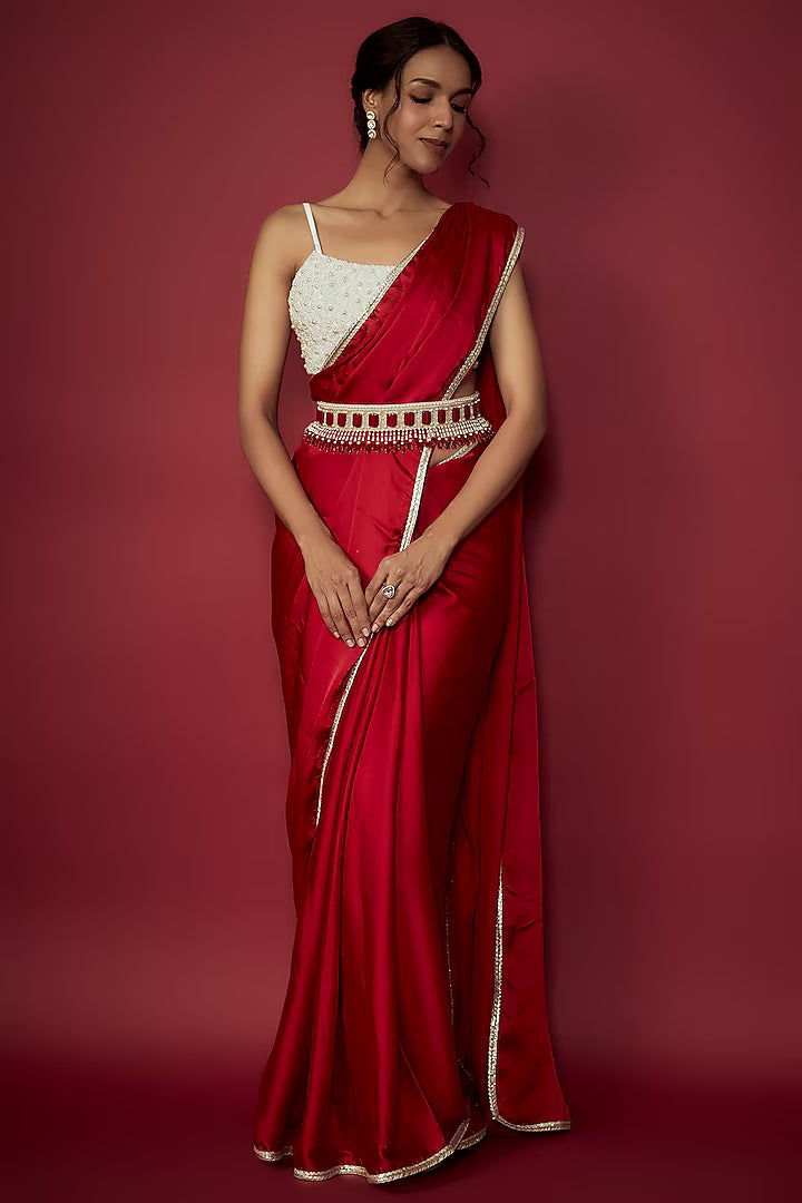 Red Satin Georgette Gota Saree Set