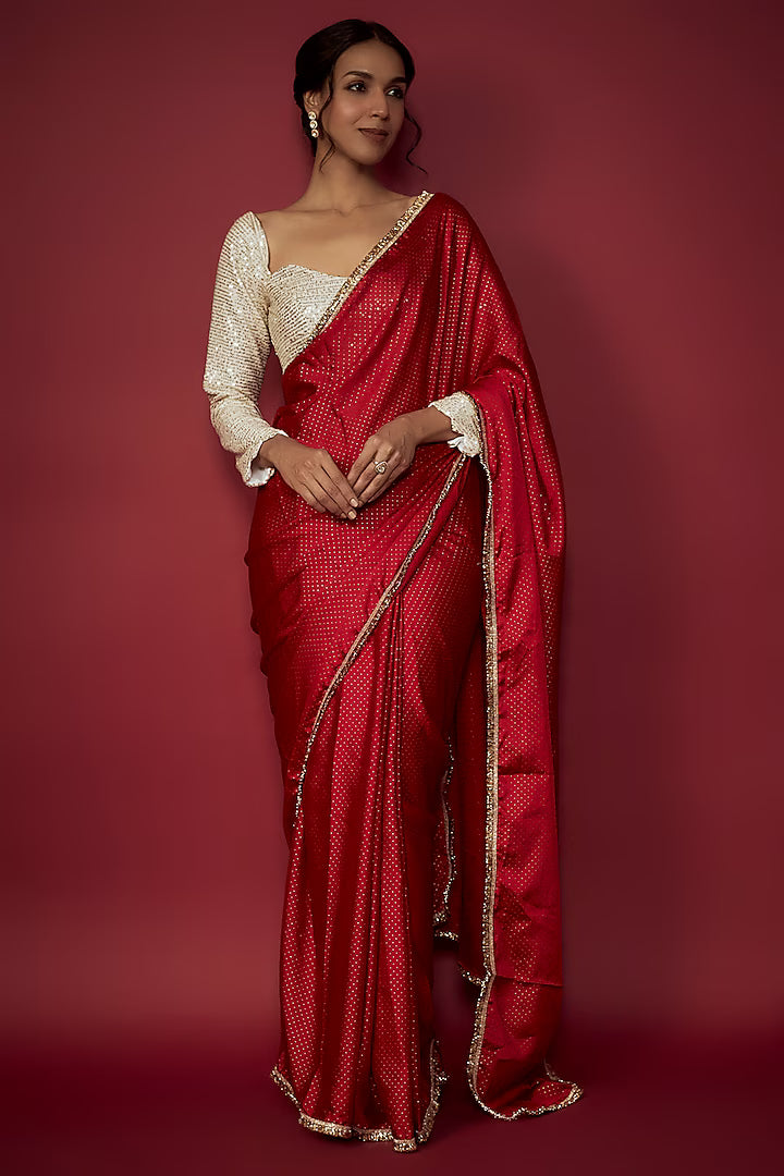 Red Recycled Polyester Gota Saree Set