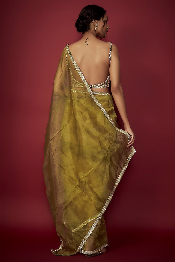 Olive Green Organza Gota Saree Set