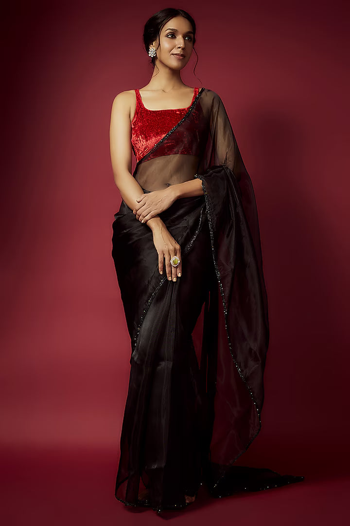 Black Organza Pre-Draped Saree Set