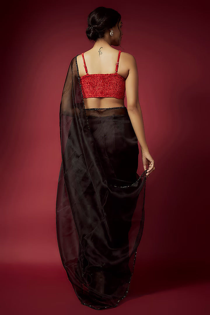 Black Organza Pre-Draped Saree Set