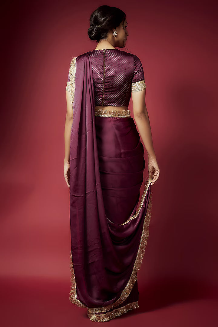 Purple Recycled Polyester Pre-Draped Saree Set